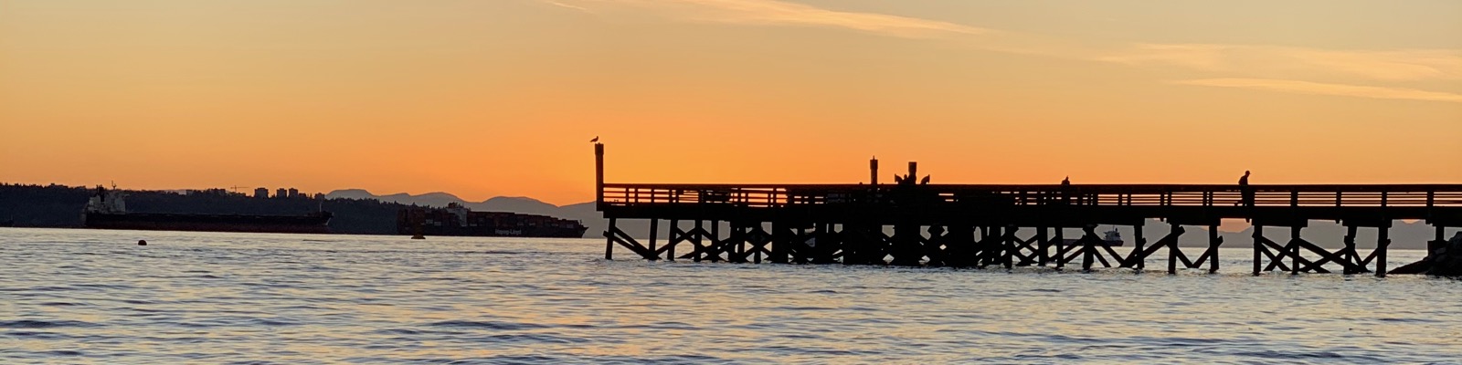 People on a shoreline pier at sunset